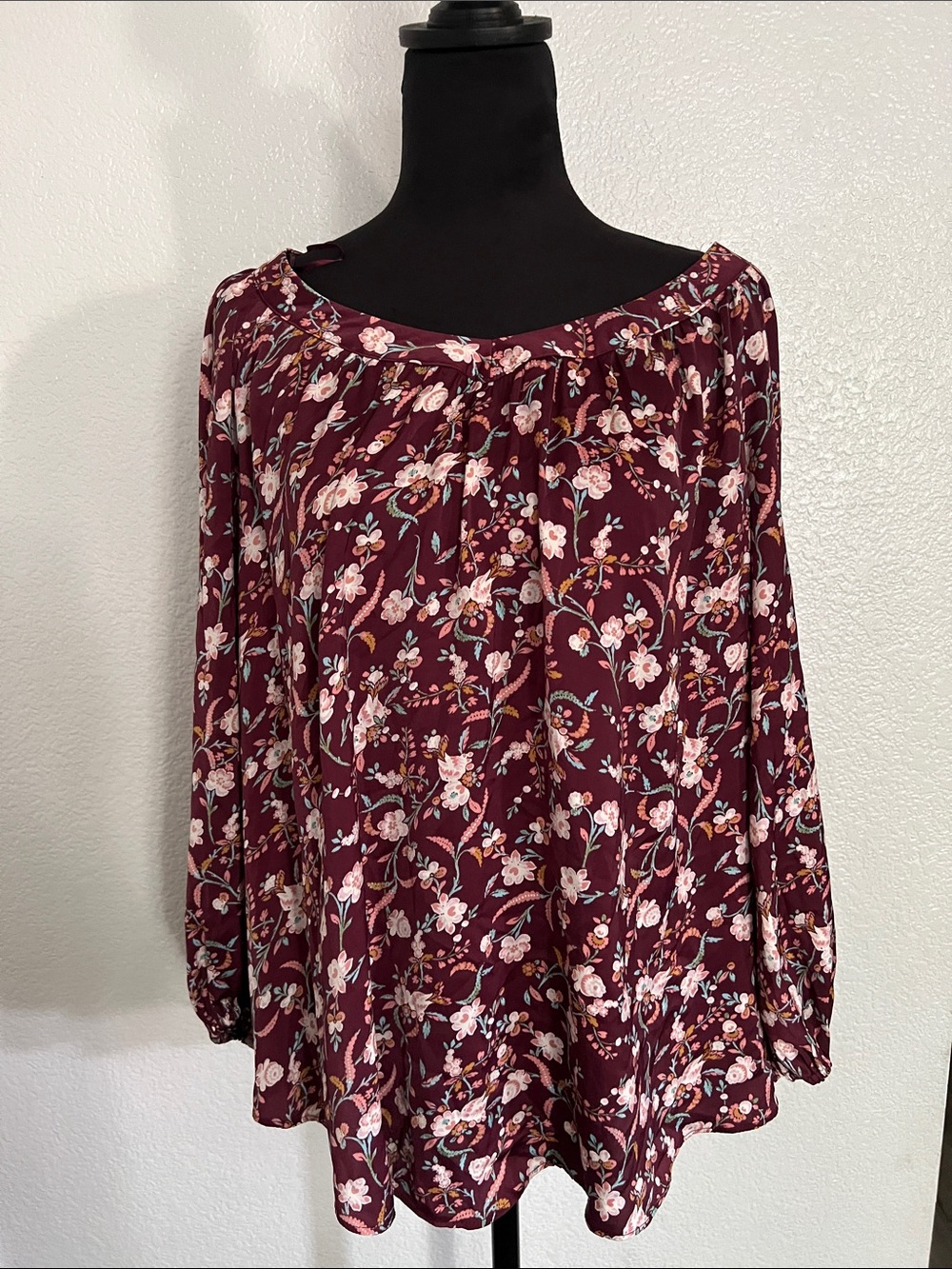 LC Lauren Conrad Burgundy Floral Long Sleeve Peasant Dress